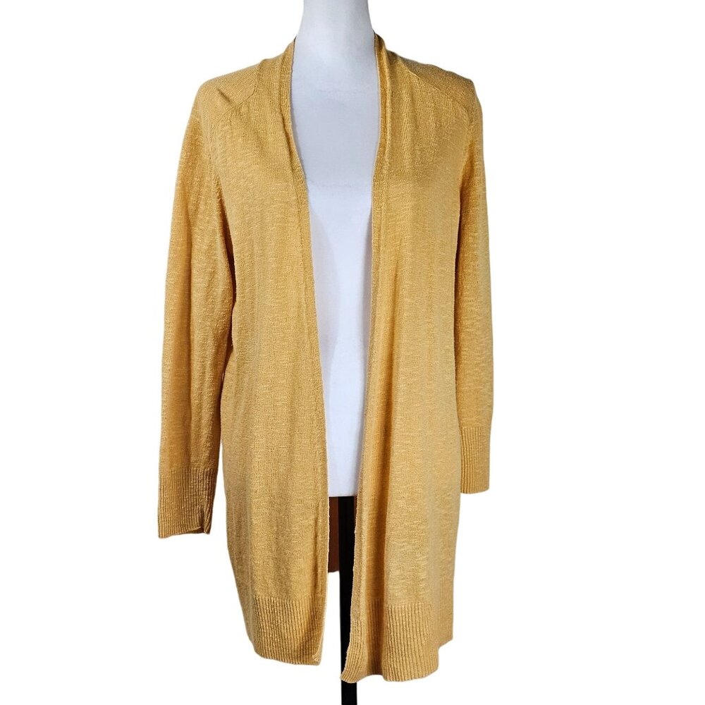 Eileen Fisher‎ Open Front Linen Knit Cardigan M Yellow Coastal Boho Lagenlook